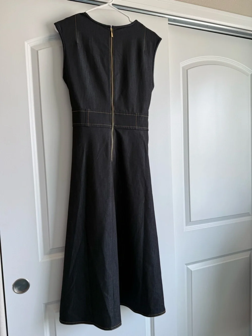 Calvin Klein Denim Shift Dress with Yellow Stitching & Belt - Picture 2 of 4